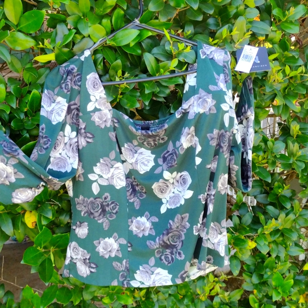 NWT I.N. San Fransisco Top - beautiful green with grey roses
